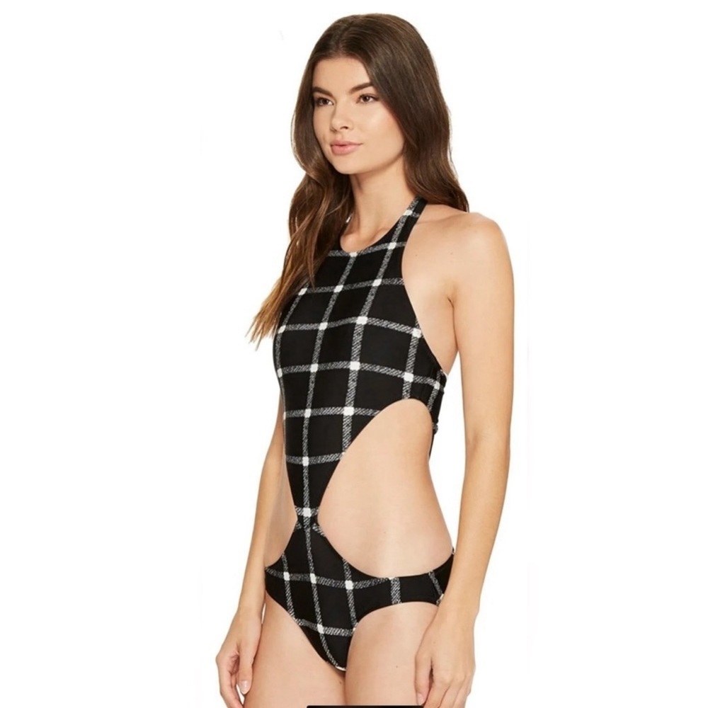 NORMA KAMALI Chuck cutout checked halter neck swimsuit Size L - Picture 2 of 4